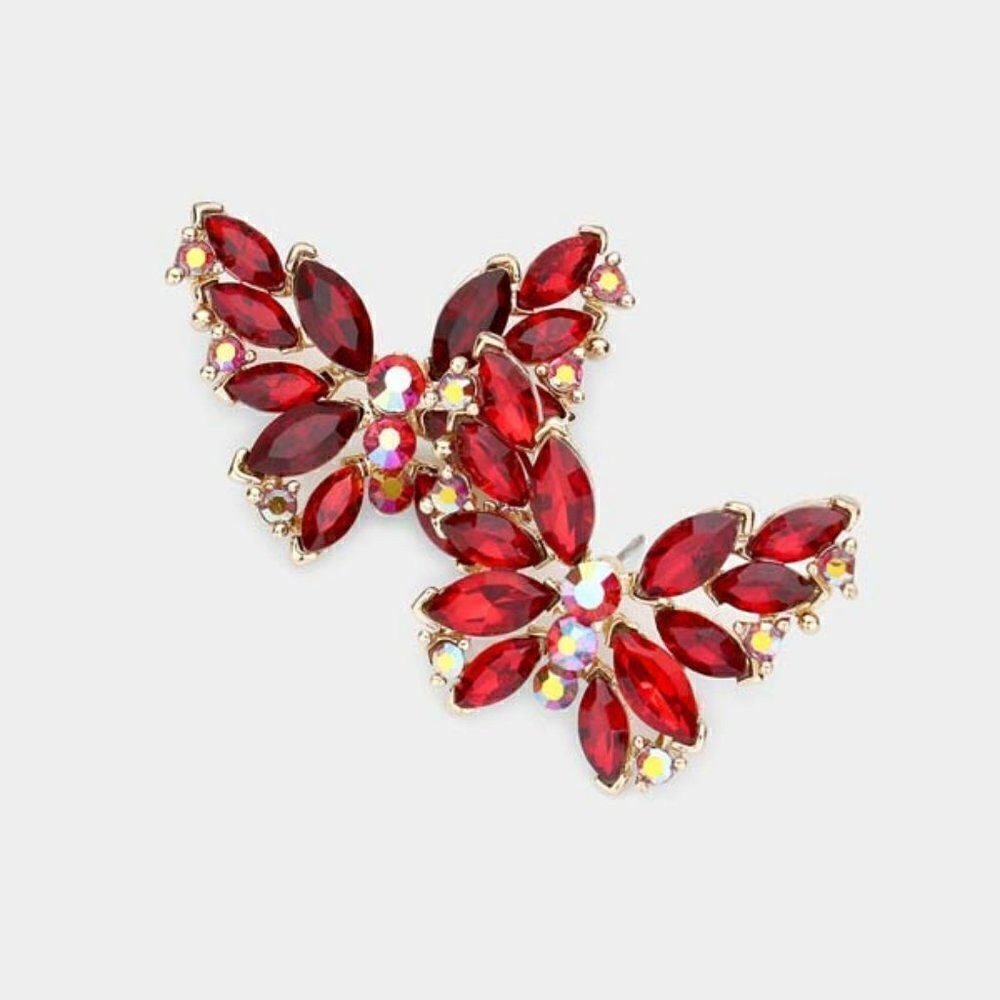 Butterfly Red Crystal Cluster Evening Earrings